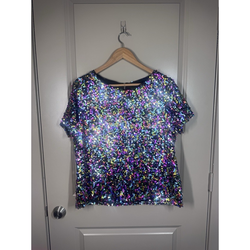 Hutch Sequin Multicolor Black Short Sleeve Crew Neck Party Blouse Size XL